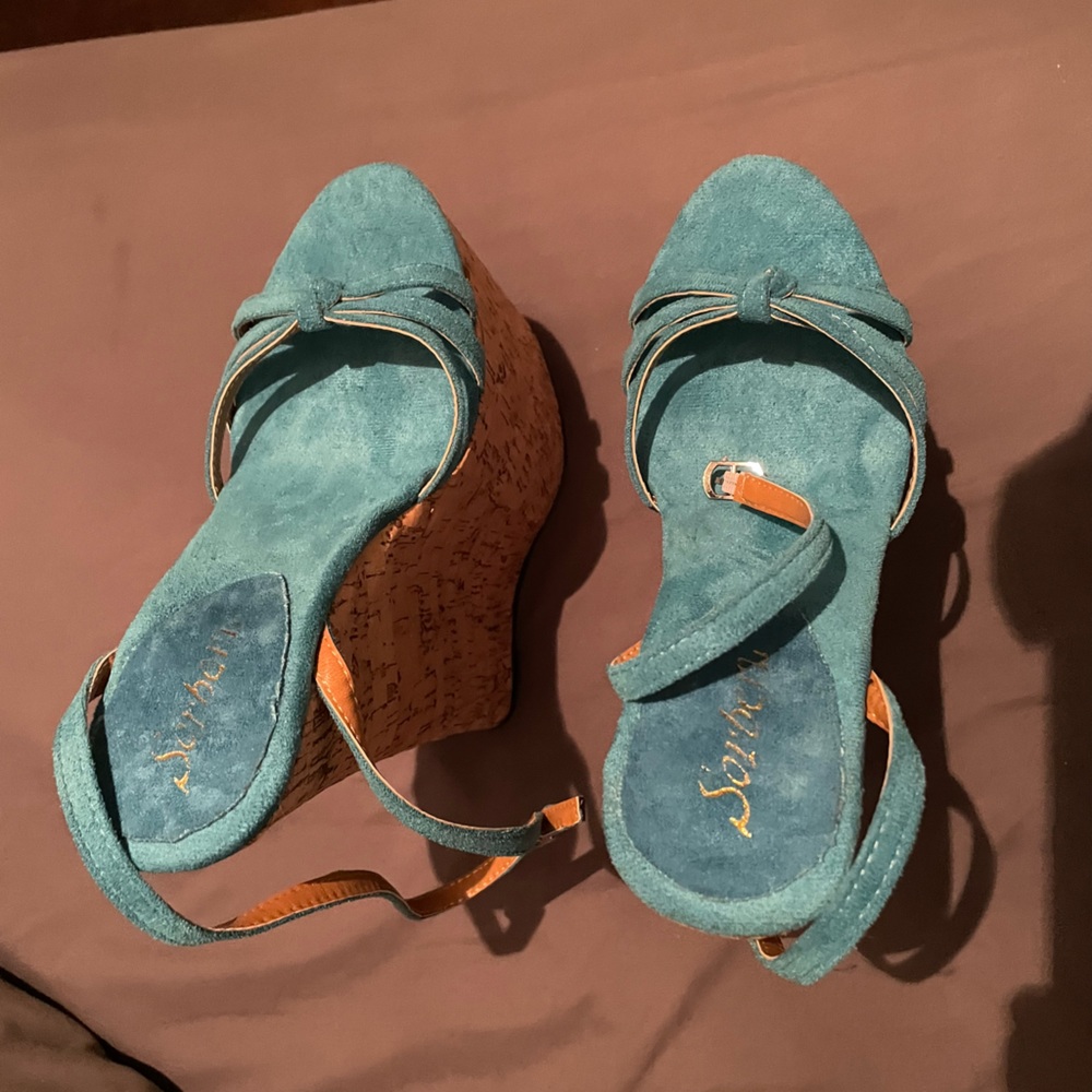 10 inch aqua blue cork high wedge sandals US women size 8